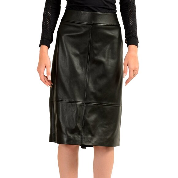 Hugo Boss Women's Selrita5 Black 100% Leather Straight Pencil Skirt US 18 IT 54